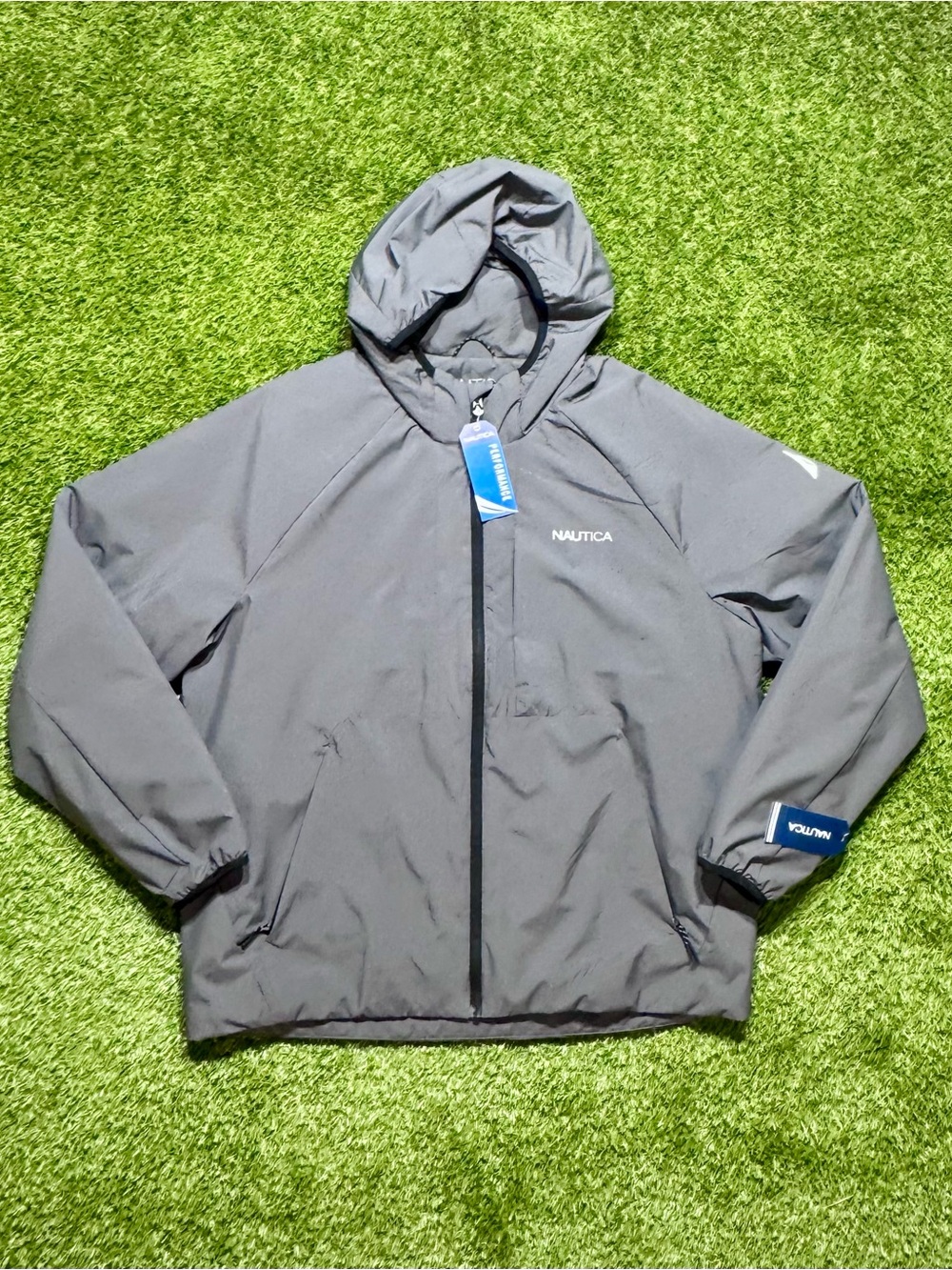 Nautica Men’s Hooded Full Zip Jacket Water/Wind Resistant Stretch Gray Large NWT